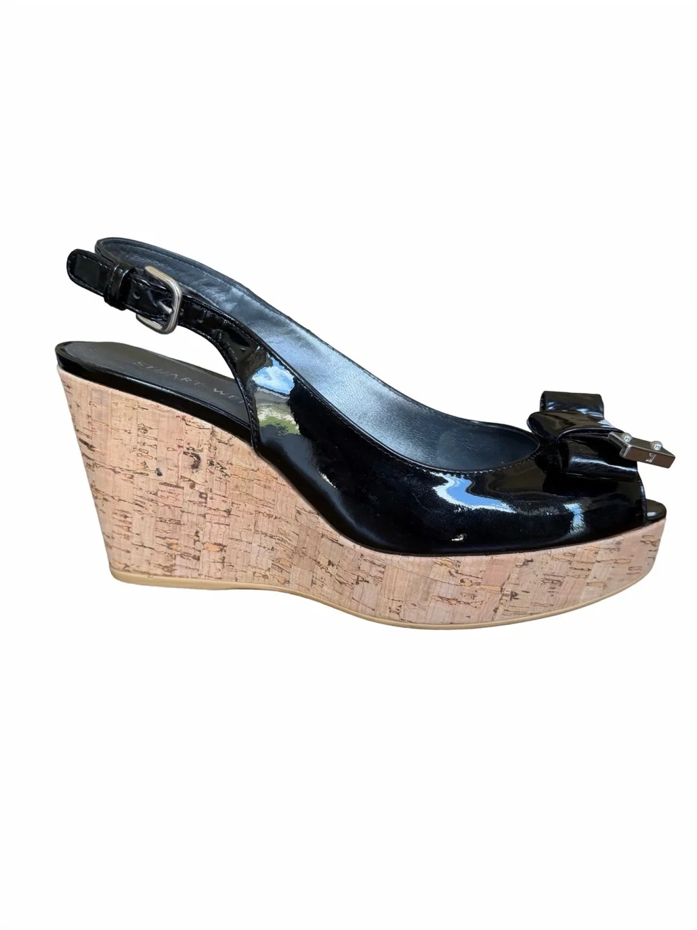 Stuart Weitzman Bodajean Patent Leather Cork Wedge Slingback Sandals 7.5
